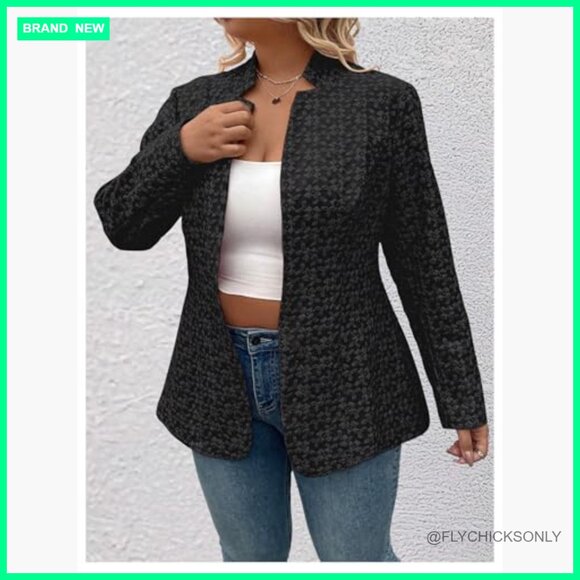 Plus Size Jacquard Long Sleeve Open Front Blazer Jacket Notch Collar - Picture 2 of 5